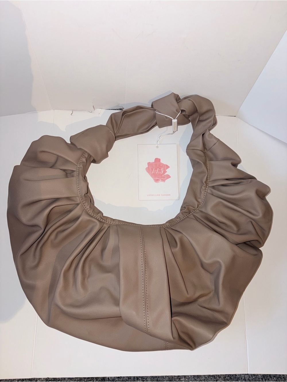 Ruched Taupe Shoulder Bag with Knotted Strap - Unbranded